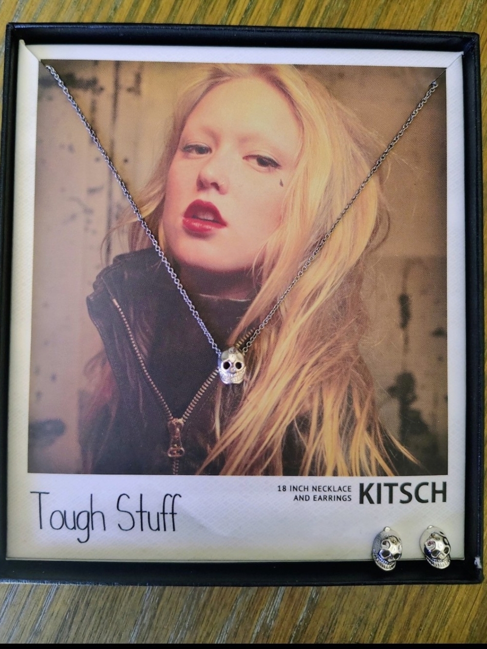 Kitsch "Tough Stuff" Skull Necklace & Earrings Set - Silver Tone, New